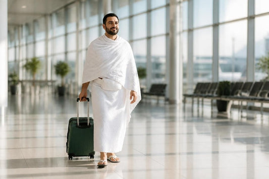 Pèlerin en ihram avec sa valise à l'aéroport, prêt pour l'Omra