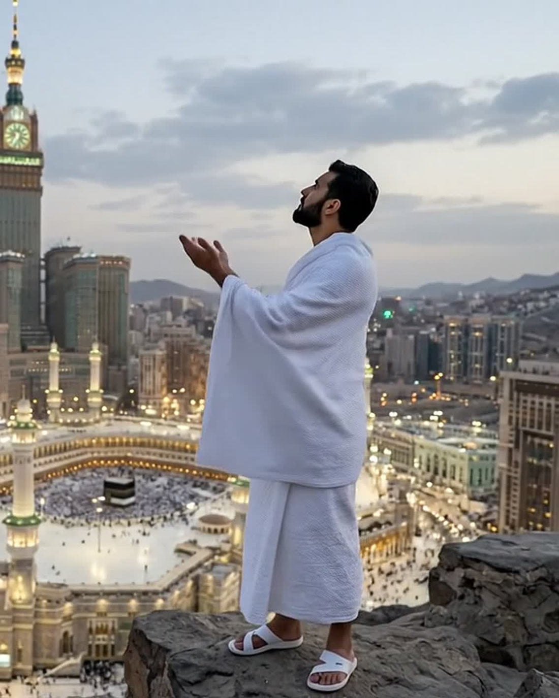 Pèlerin en ihram en invocation au-dessus de La Mecque