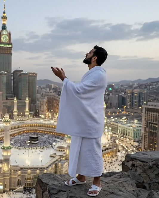 Pèlerin en ihram en invocation au-dessus de La Mecque