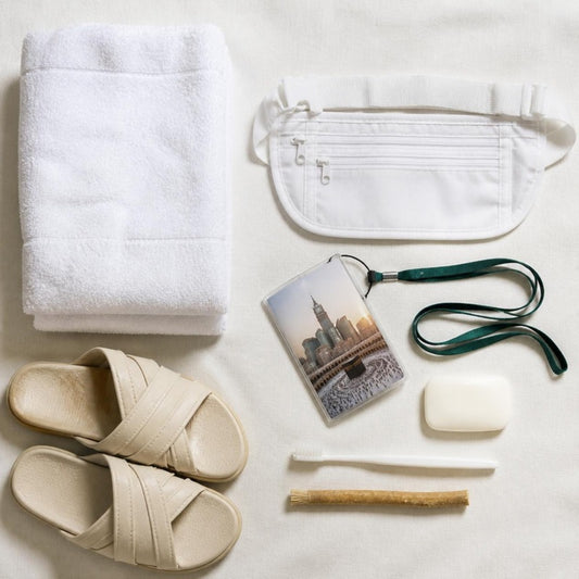 Kit Omra Essentiel : ihram, ceinture, Mini-Guide, savon sans parfum, siwak et sandales