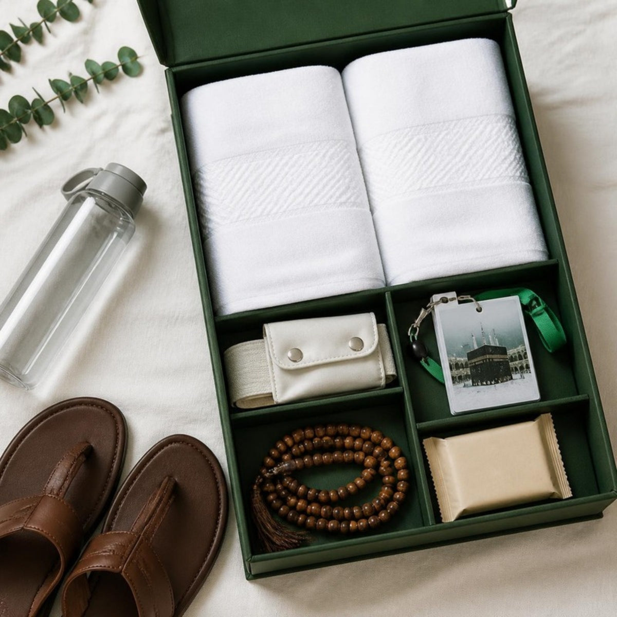 Kit Omra et Hajj Premium dans son coffret vert : deux ihrams, ceinture, Mini-Guide, chapelet, savon et sandales