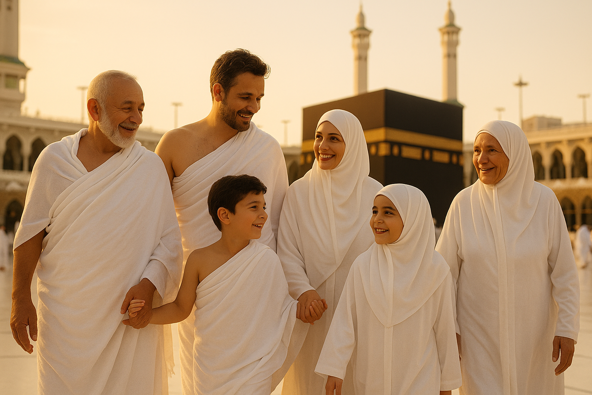 Une famille en tenue de pèlerinage, souriante, dans la cour de la Mosquée sacrée