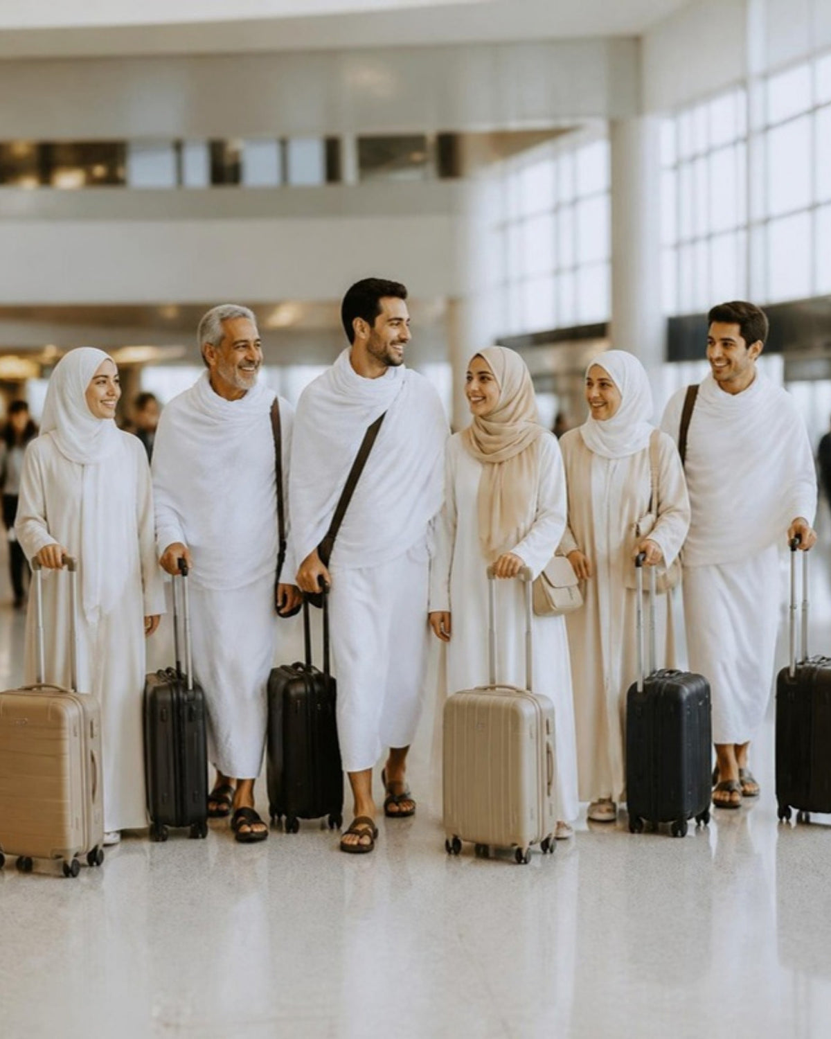 Un groupe de pèlerins en ihram et en abaya part ensemble pour l'Omra, valises à la main