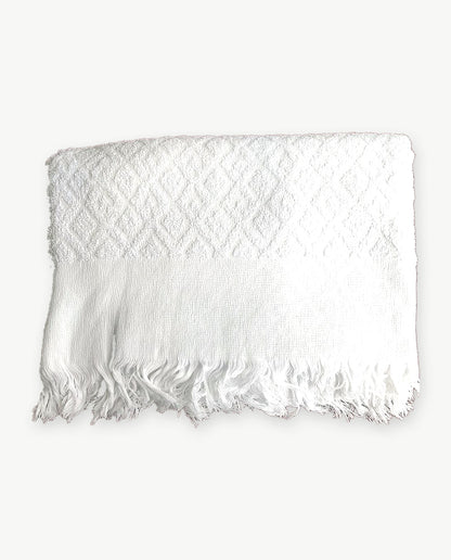 Ihram coton 1200 g à bande de losanges tissés et franges