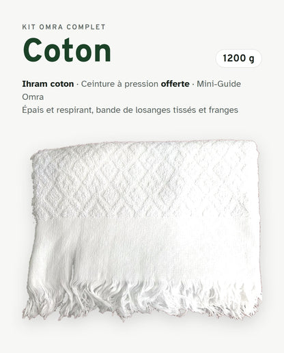 Kit Omra Complet Coton : ihram coton 1200 g à bande de losanges tissés et franges